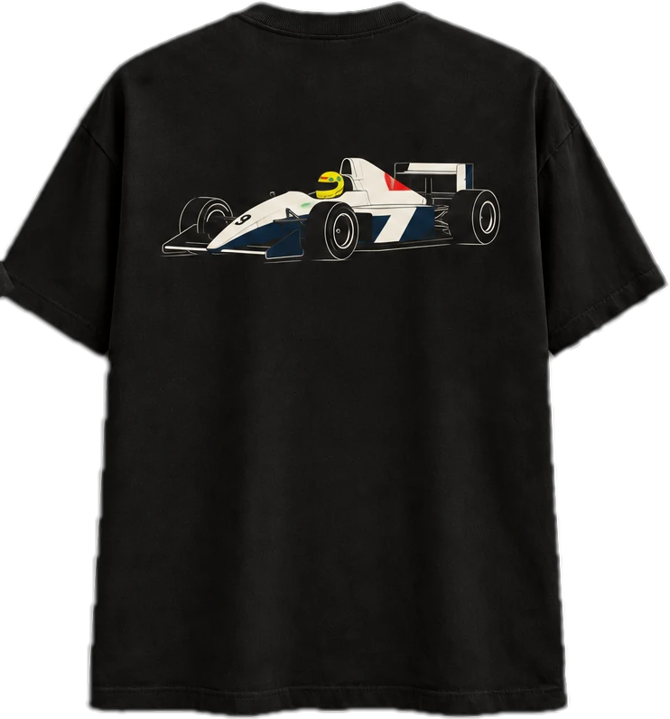 Camiseta preta Fittipaldi com carro de F1 nas costas